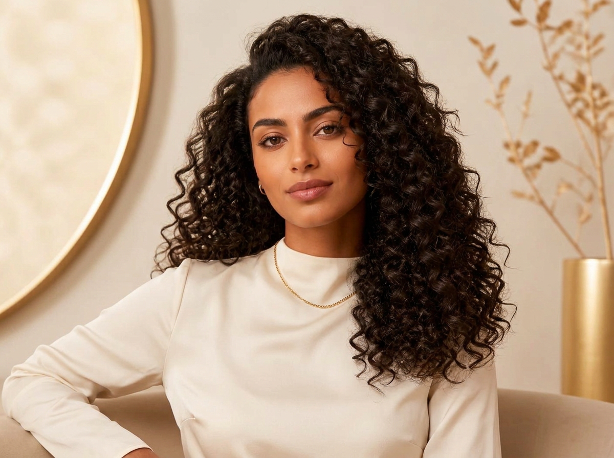 Egyptian woman with defined glossy curly hair in a modest elegant blouse