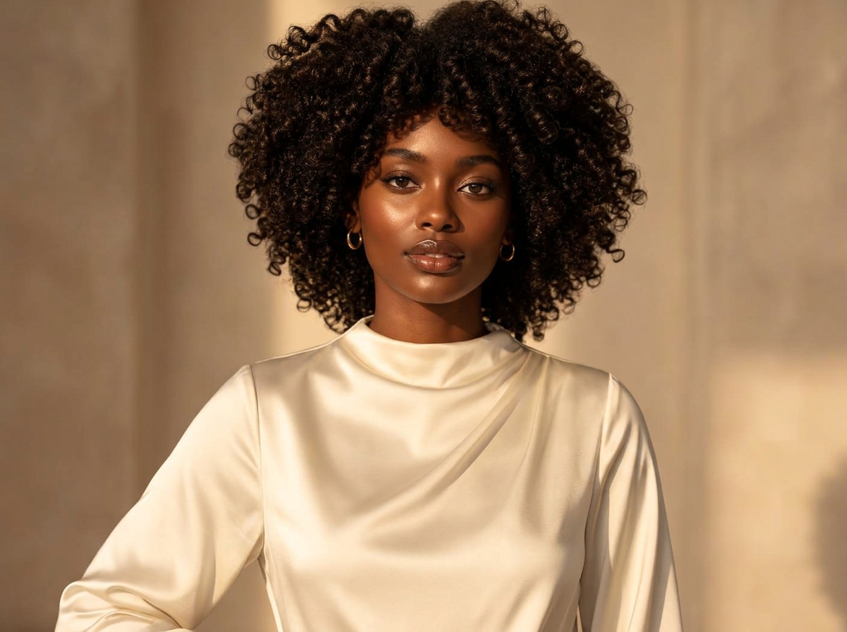 Central African woman with defined natural curls in an elegant high-neck blouse