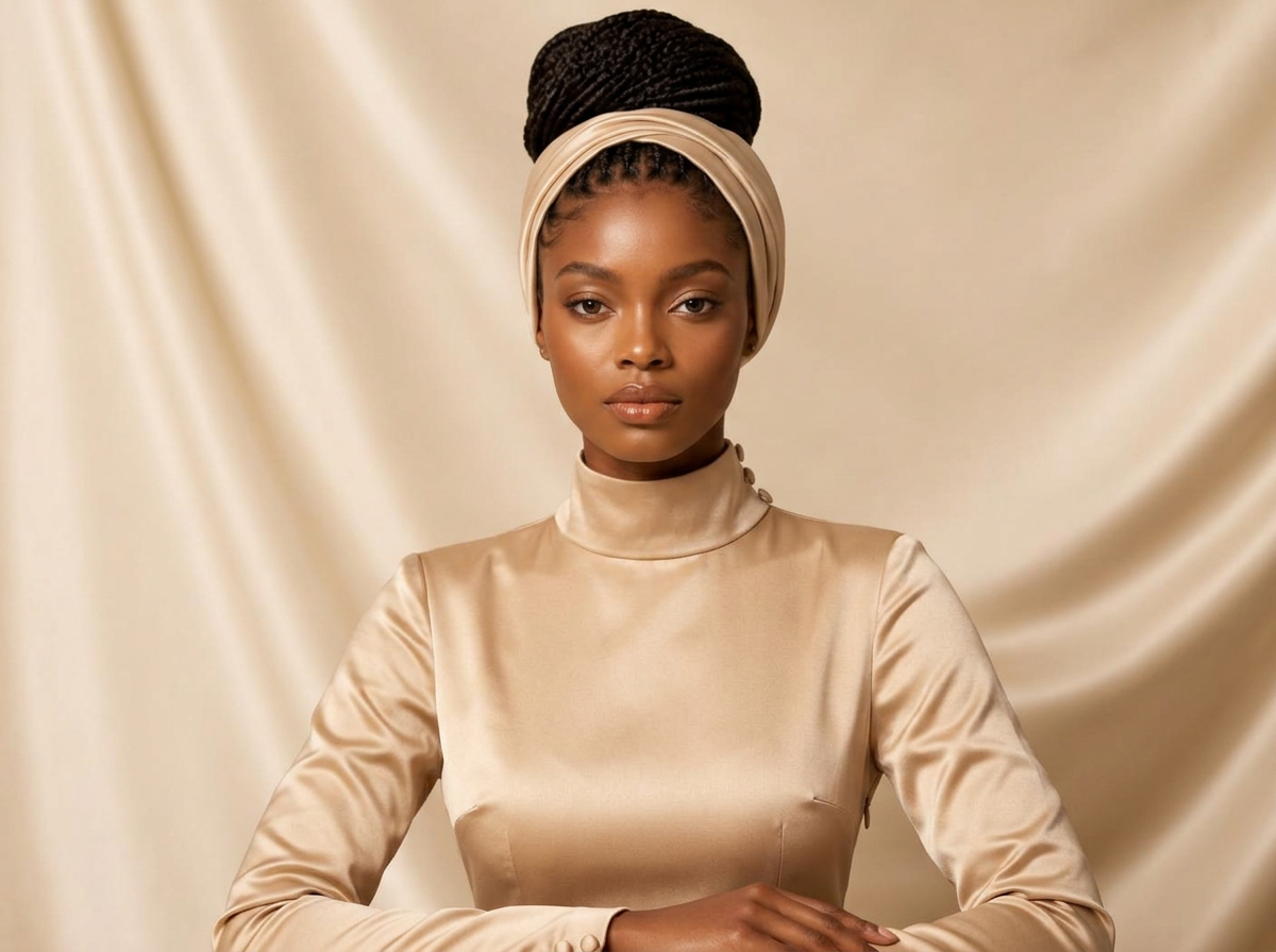 Woman with an elegant braided updo, soft head wrap and modest satin dress